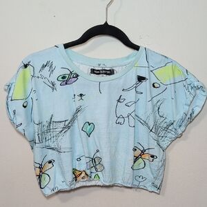 Urban Outfitters Doodles Smocked Crop Top Sky Blue 100% Cotton Women's Size M